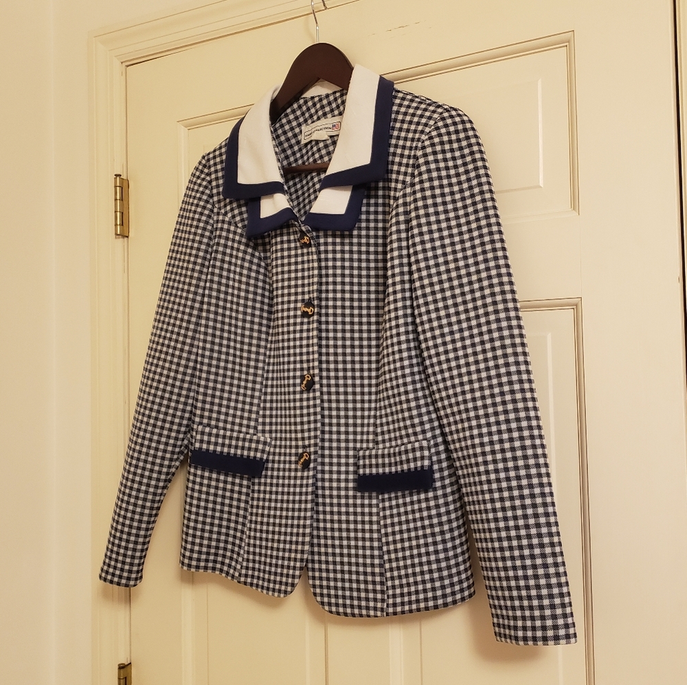 Pablo Collection navy blue and white skirt jacket set, 10 - Picture 3 of 10